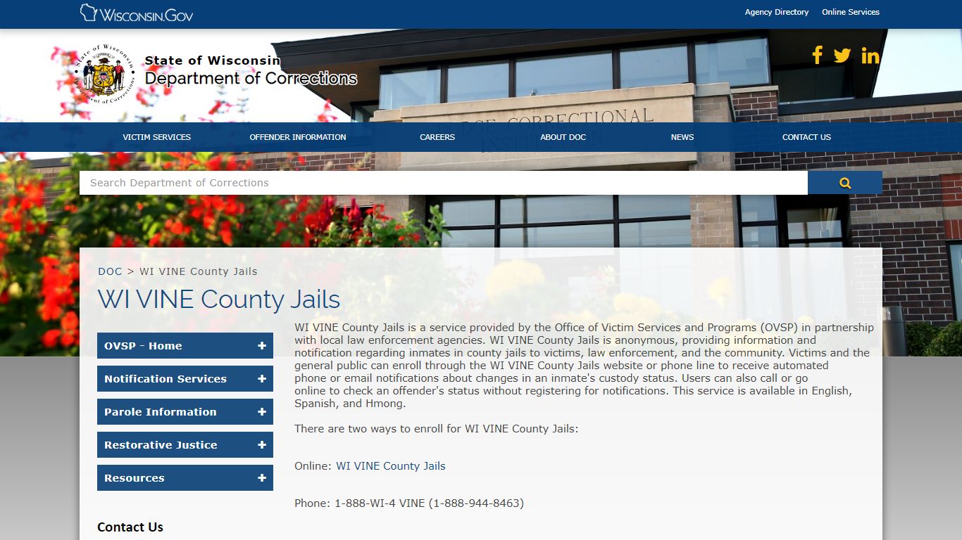 DOC WI VINE County Jails - Wisconsin